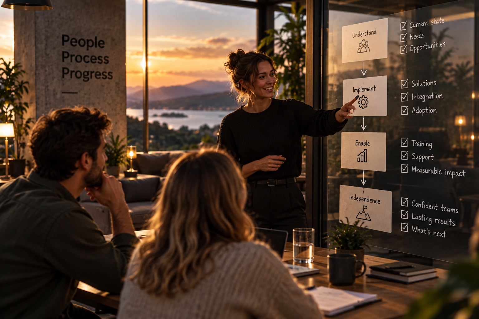 A team mapping the path from understanding and implementation to customer independence